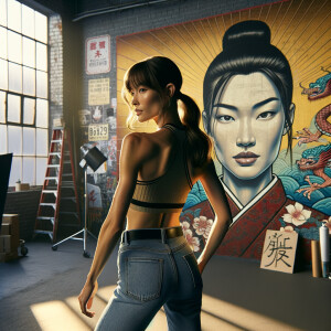 Athletic Thin skinny Attractive, Asian teenage girl, long brown hair and bangs, wearing tight skinny jeans and a halter top paint marks on her clothing, heroic pose Asian graffiti background, backside view