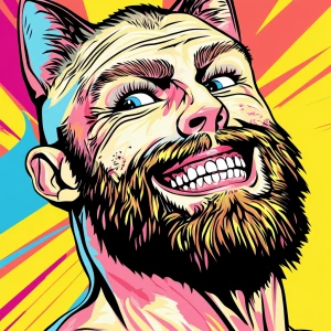 White muscular thin man with beard, big chin, smile and cheekbon...