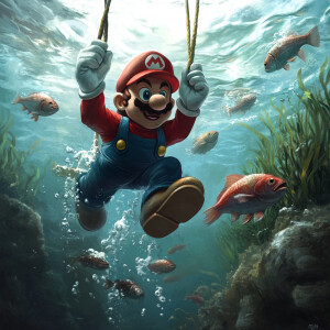 Super Mario bros buceando en el mar con peces