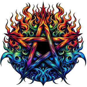 A colorful pentagram with different color flames surrounding it