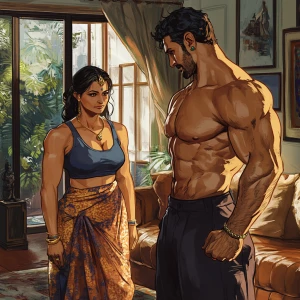 Digital art 1:1, a muscular man, glistening with sweat, standing...