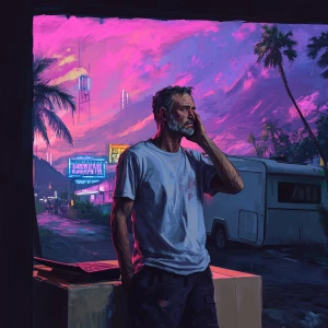 Create a digital painting of a middle-aged man with a stern expr...