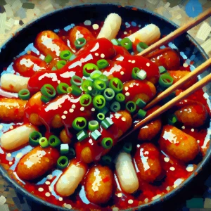 Create an impressionist painting of traditional Korean Tteokbokk...