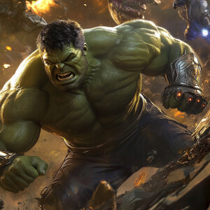 Create an image of Hulk engaged in a fierce battle with Thanos,...