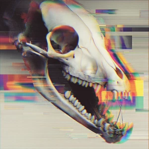 Portrait of alien's creature skull with digital glitches, color...