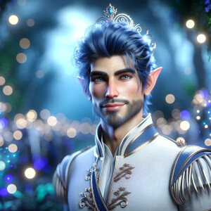 handsome blue hair elf man wearing a crown, hd, 3d,magic, bokeh,...