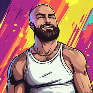 White muscular thin man with beard, big chin, smile and cheekbon...