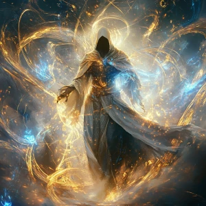 A luminously ethereal elysian warlock, exuding an aura of myster...