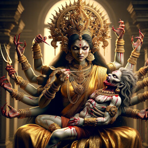 portrait of angry looking, four-armed indian goddess sitting on...