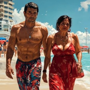 Realism,a muscular sweaty man walking with his 50 years old poo...