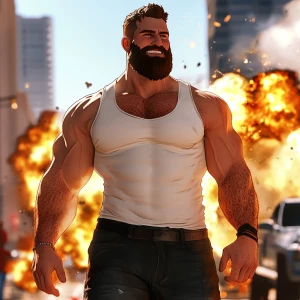 White muscular thin man with beard, big chin, smile and cheekbon...