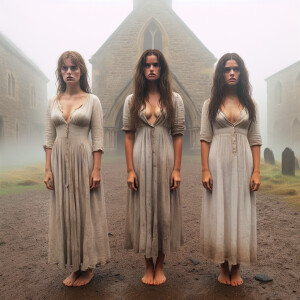 Create a color film photograph from 1962 of exactly three stunni...