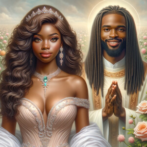 Create a 3-D realistic oil, painting of a beautiful African-American bride. She has long flooring, wavy hair and her gown has beautiful jewels around the neckline. in the background there is a beautiful African-American Jesus Christ with long dreadlocks, and he is smiling. He is very handsome pastel flowers throughout the image.