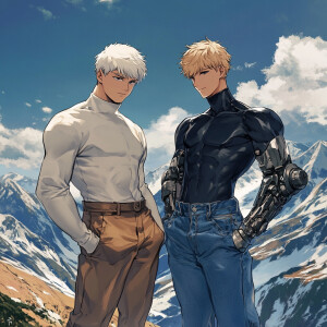 Two handsome men( Saitama and genos ) from one punch man, standi...