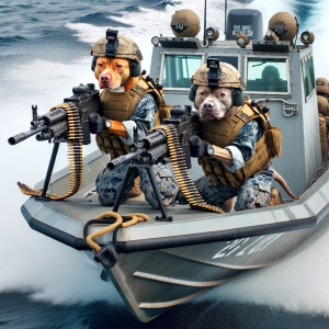 Two pit bulls, the pit bulls are US Navy sailors in battle gear,...