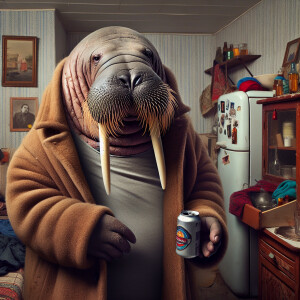 Walrus in human form, sick with a hangover in a coat and beer, i...