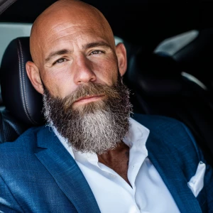 Create an image of a bald man with a well-groomed beard, seated...