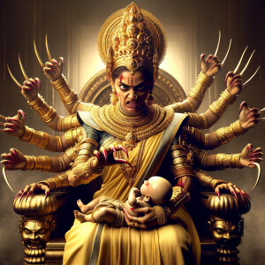 portrait of angry looking, four-armed indian goddess sitting on...
