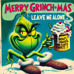 A character inspired by the Grinch, holding a mug of hot cocoa t...