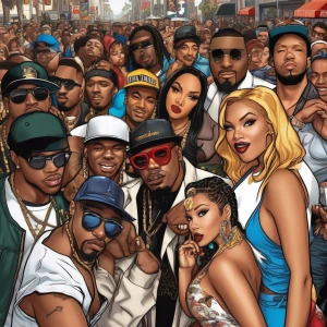 A crowd of diverse LA rappers  and sexy girls rap battling on Ho...