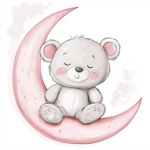 A cute, cartoon teddybear sits on a stylized, rosy-pink crescent moon. The teaddy bear is light gray with large, round, pink-spotted ears.  Its body is round and he has expressive eyes.  its facial expression is happy and friendly. The teddy bears legs and feet are visible, and its posture is relaxed, sitting, slumped into the moon. The moon is a soft, shaded pink, with watercolor-like texture and subtle shading. The background is white. The image is in a child-friendly style, showcasing delicate line work and color palettes. The composition is centered on the teddy bear which is positioned on the moon, giving the moon a hug with closed eyes. The overall style is sweet, whimsical, and reminiscent of children's book illustrations.  The colors are pastel and soothing, creating a gentle atmosphere.