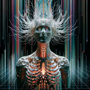 fragmented bone-and-wire exoskeleton forming a minimalist, futur...