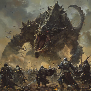 Illustrate a dark fantasy scene featuring a colossal creature fe...