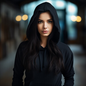 Capture the elegance of a fair-skinned woman with dark long hair...