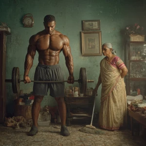 Hyperrealism. A muscular indian man exercising in his house whil...