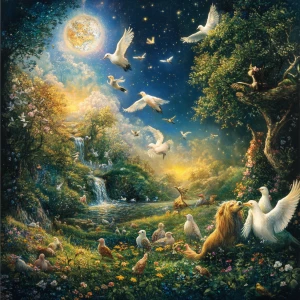 Create an image of a tranquil celestial paradise where diverse a...