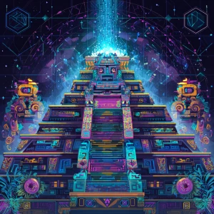 A futuristic cyberpunk Aztec temple glowing in neon hues of cyan...