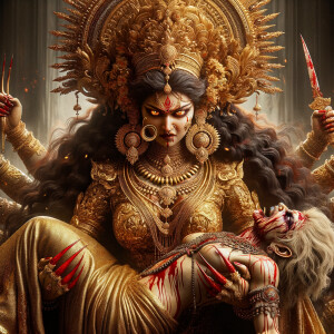 portrait of angry looking goddess durga  carrying a weak mahishasur in her arms and stabbing him with her amazingly long red fingernails. She is wearing gold armor, a huge gold crown, gold saree, abundant  gold jewelry, covered in blood. The scene is set in ancient India. The image is 8K resolution, cinematic, ultra detailed face and epic.