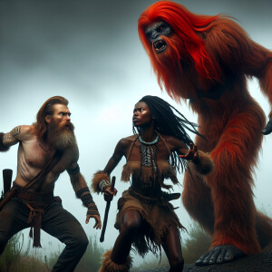 "Shiticah tribe warriors engaged in a fierce battle against gian...