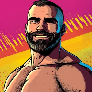 White muscular thin man with beard, big chin, smile and cheekbon...