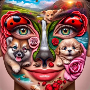 Create a surreal portrait featuring a face with the following at...