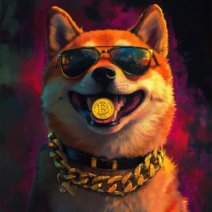 realistic Shiba Inu dog with a mischievous grin, wearing sunglas...