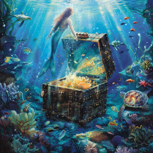 Illustrate a captivating scene of an underwater treasure chest b...