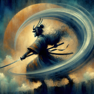full length samurai warrior, spinning wind elemental, abstract b...