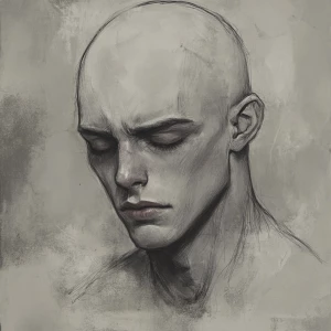 a pale, bald humanoid male with deep eye bags, hollow expression...