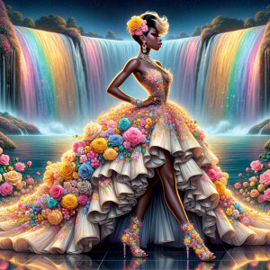 Remix Prompt
S/O Jackie Torres
S/O Panda Locke

create a animated style hyper realistic airbrush whimsical oil painting of a light skin African American woman wearing a flawless beautiful colorful blossom dress long flowing with colorful flowers and ruffles on the dress colorful jewelry made of flowers she has black and blonde pixie cut a colorful rose in her hair her peep toe shoes is matching her dress behind her is a beautiful waterfall liquid glowing lights beautiful colorful rainbow surrounded by beautiful roses.