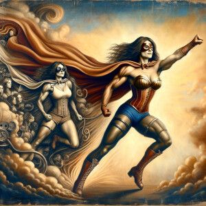 Oil painting, future, muscles, cape, hero, steampunk, long hair,...