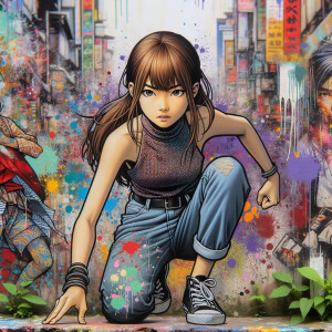 teenage girl, long brown hair and bangs, wearing tight skinny jeans and a halter top paint marks on her clothing, heroic pose Asian graffiti background, nearing on one knee