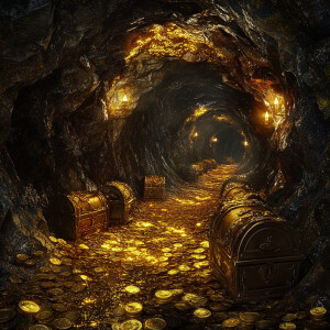 An infinite techno tunnel filled with gold and treasures, walls...