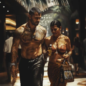 realism-photo fantasy,A sweaty tattoed muscular  man walking wit...