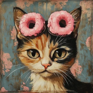 A cute cat painting of a female cat with pink soft rollers on he...