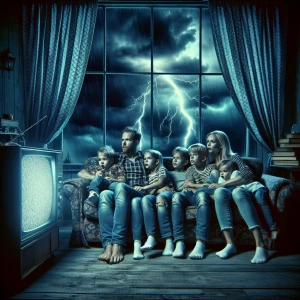 A family huddled together on a couch in a dimly-lit living room,...