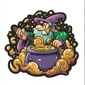 cartoon wizard character stirring bubbling coffee cauldron with...
