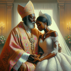 Imagine a hyper-realistic oil painting that captures a tender moment between theAfrican American bride and her God. The setting is intimate and filled with soft, warm lighting that enhances the emotional depth of the scene. The bride, in herexquisite wedding gown, shares a heartfelt embrace with her african-American Lord Jesus , who is dressedin an elegant outfit that complements the wedding's color scheme. Their expressions are full of love, pride, and joy, reflecting the special bond between them. Theattention to detail is paramount, from the intricate designs of their dresses to the subtle emotions conveyed in their facial expressions. The background is a blur ofgentle pastel hues, ensuring that the focus remains on this touching moment. Thispainting should convey the warmth, love, and depth of the relationship, with the rich textures and vibrant strokes characteristic of oil paintings, capturing the essence of this significant pre-wedding moment.