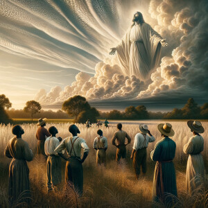 Slaves from the 1600s looking up at a cloud formation, the cloud...