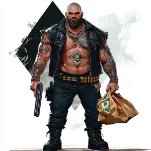 Create an image of a muscular man with a shaved head and a full...